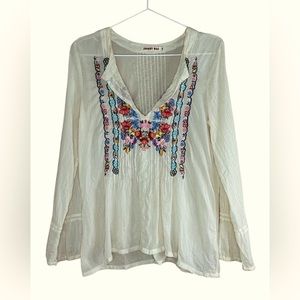 Johnny Was Sheer‎ Off White Long Sleeve Embroidered Blouse.  EUC